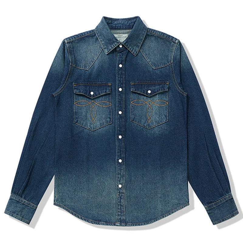 Amekaji Vintage Heavy Washed Shirt Men Autumn New Primary Lapel Multi-pocket Long Sleeve Deinm Shirt Retro Casual Cardigan Tops