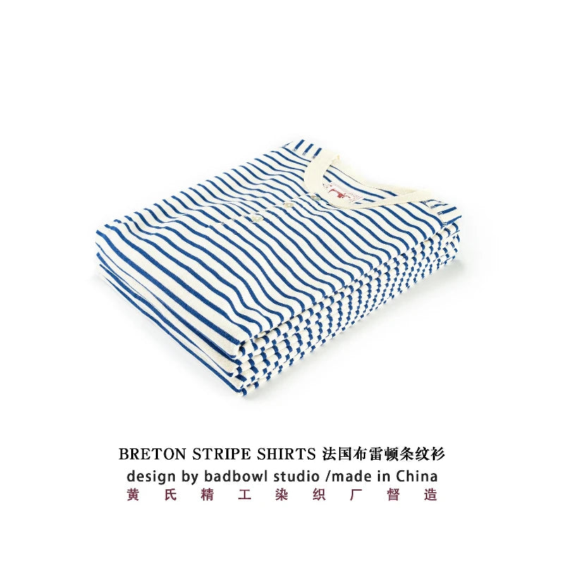 Classic American Retro Blue and White Sea Soul T-shirt Heavy duty All Cotton Striped Men Henry Collar Casual Long Sleeve T-shirt