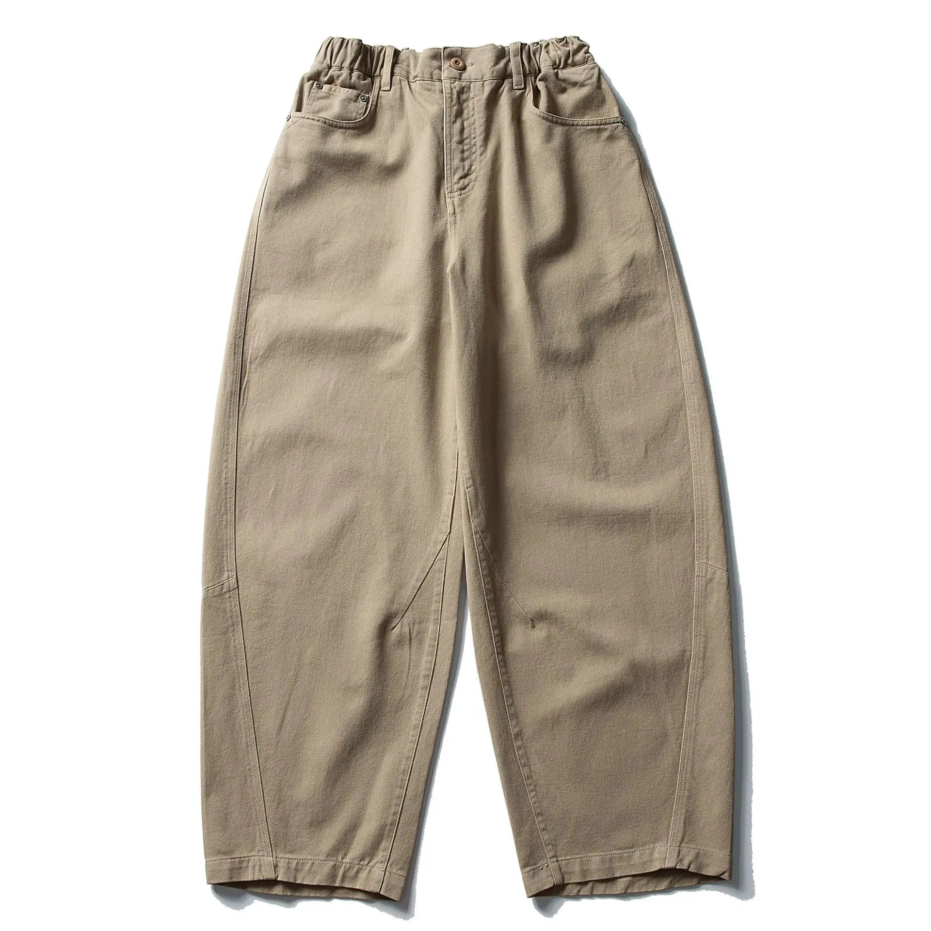 Retro Solid Color Casual Pants Mens Simple Pocket Elastic Waist Baggy Wide Leg Banana Trousers Man