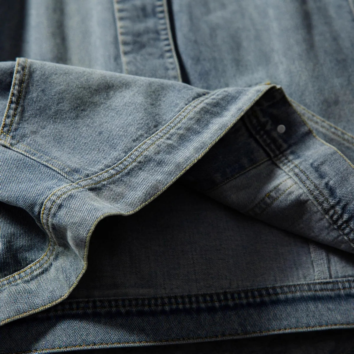 2026 New Retro Multi-Pocket Design Loose Collar Men's Denim Jacket Autumn New Style Fashion Brand Washed Out Thickened Polyester