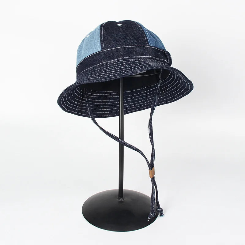 Akkad Kuti Vintage Denim Blue Bucket Hat Wide Brim Round Top Sun Hat for Breathable Unisex Fisherman Hat Casual Outdoor Cap