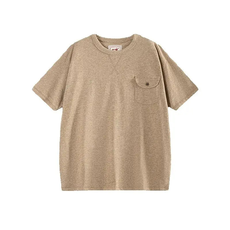 Akkad Kuti 2025 New Summer Pure Cotton Yarn T-shirt Heavy Retro Short Sleeve T-shirt Basic Round Neck Pocket T-shirt