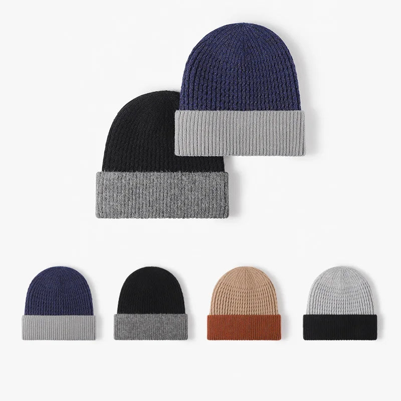 Unisex Fleece Lined Knit Beanie - 2025 New Color Block Jacquard Earflap Thickened Euro-American Outdoor Warm Cap