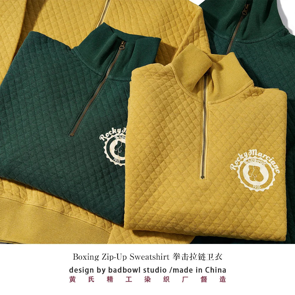 Half Zip Pullover Hoodie, Retro Sports Hoodie, Men's and Women's Couple Hoodie, Diamond Patterned Cotton, Winter Warmth