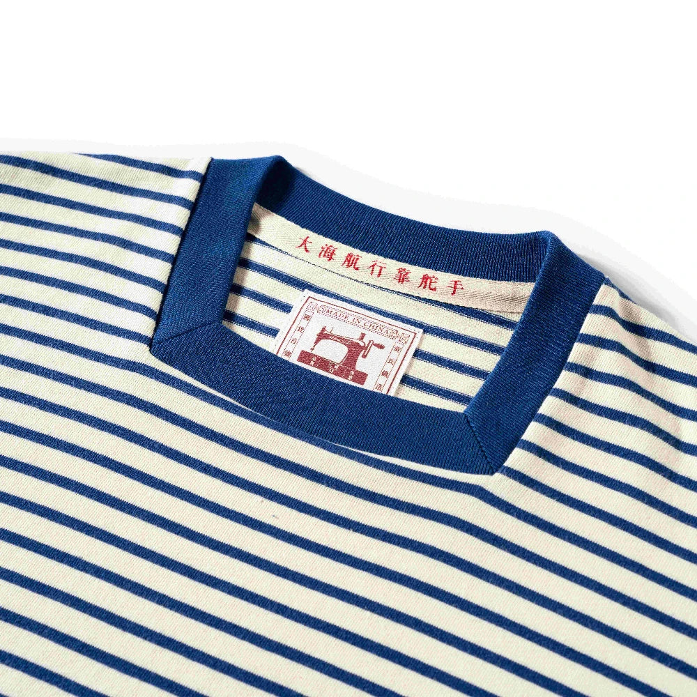 Original square collar striped T-shirt, heavyweight pure cotton men's T-shirt, washed retro sea soul shirt, short sleeved shirt