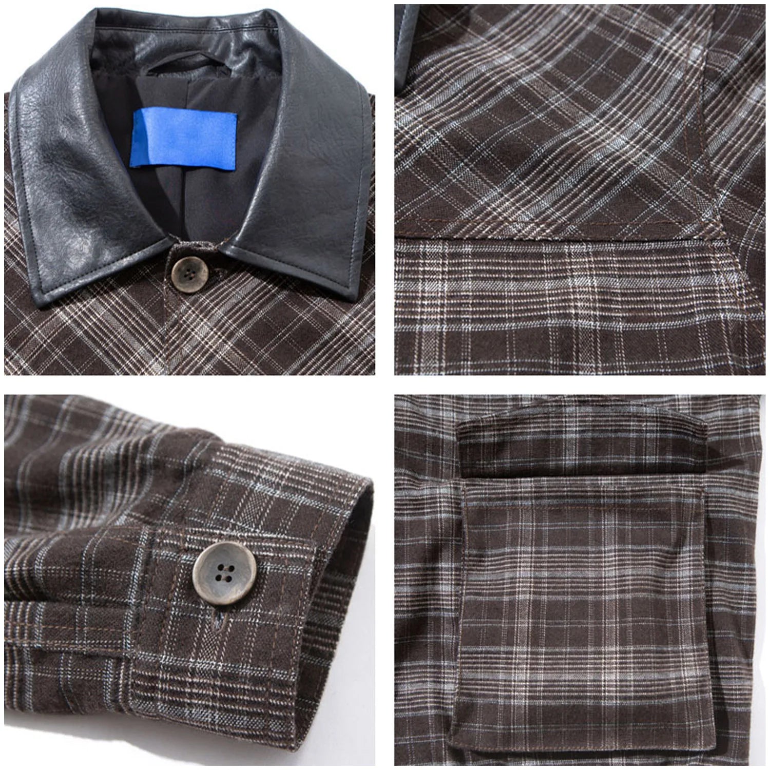 2026 New Splice Leather Collar Plaid Coat Men Women Streetwear Vintage Casual Loose Lapel Plaid Cargo Jacket Couple Bomber Coat