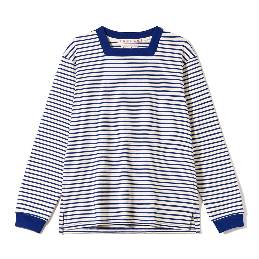 Original Square Neck Striped T-shirt From The Great Voyage Series, Heavyweight Pure Cotton Men's Retro Long Sleeved T-shirt