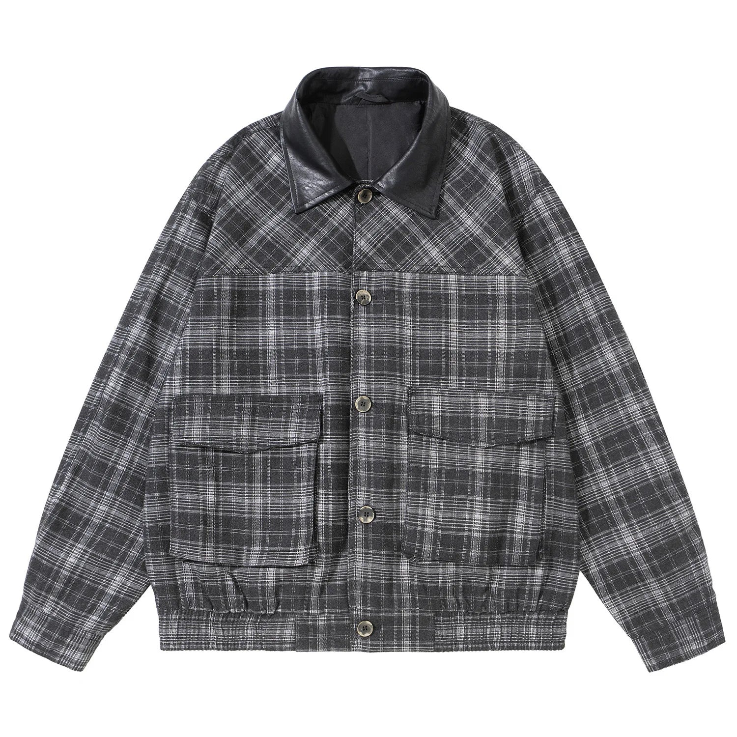 2026 New Splice Leather Collar Plaid Coat Men Women Streetwear Vintage Casual Loose Lapel Plaid Cargo Jacket Couple Bomber Coat