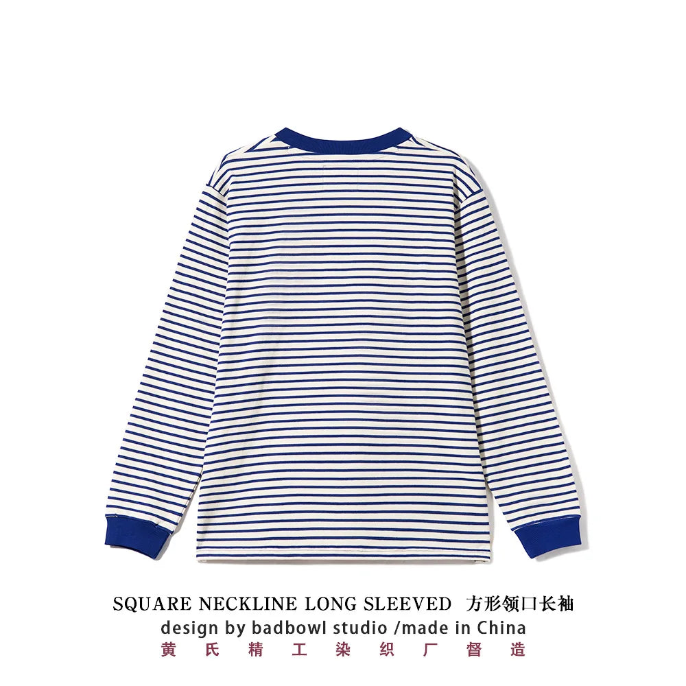 Original Square Neck Striped T-shirt From The Great Voyage Series, Heavyweight Pure Cotton Men's Retro Long Sleeved T-shirt