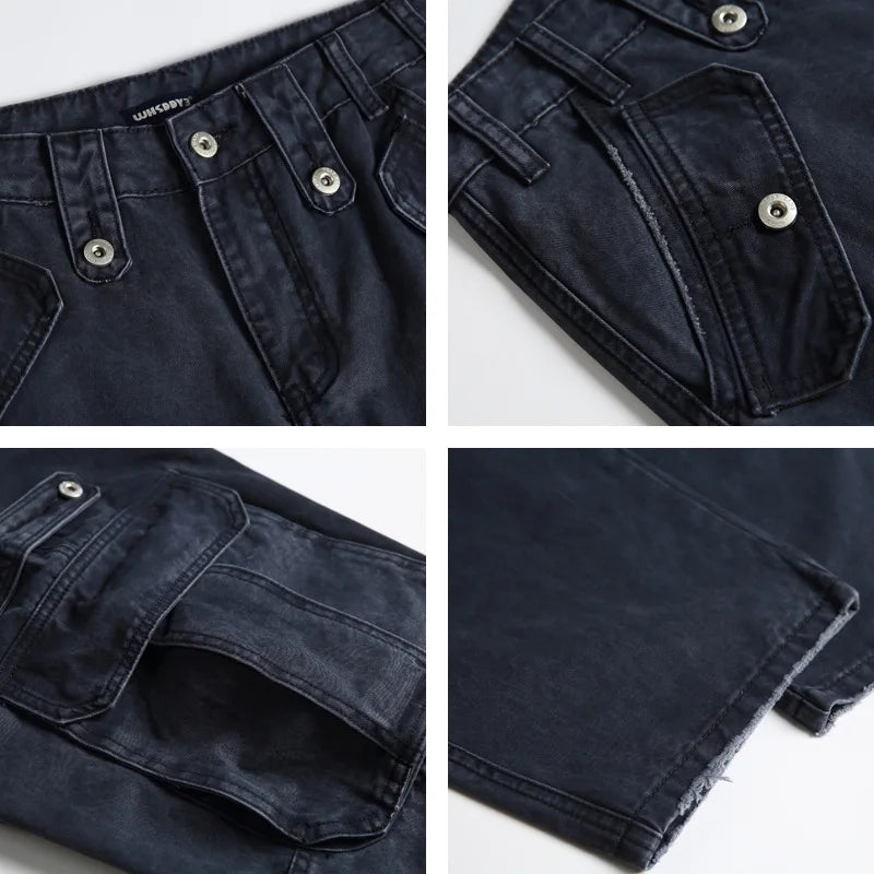 Japanese Retro Amekaji Multi-pocket Cargo Pants 100% Cotton Unisex Loose Straight Washed Distressed Frayed-edge Casual Pants