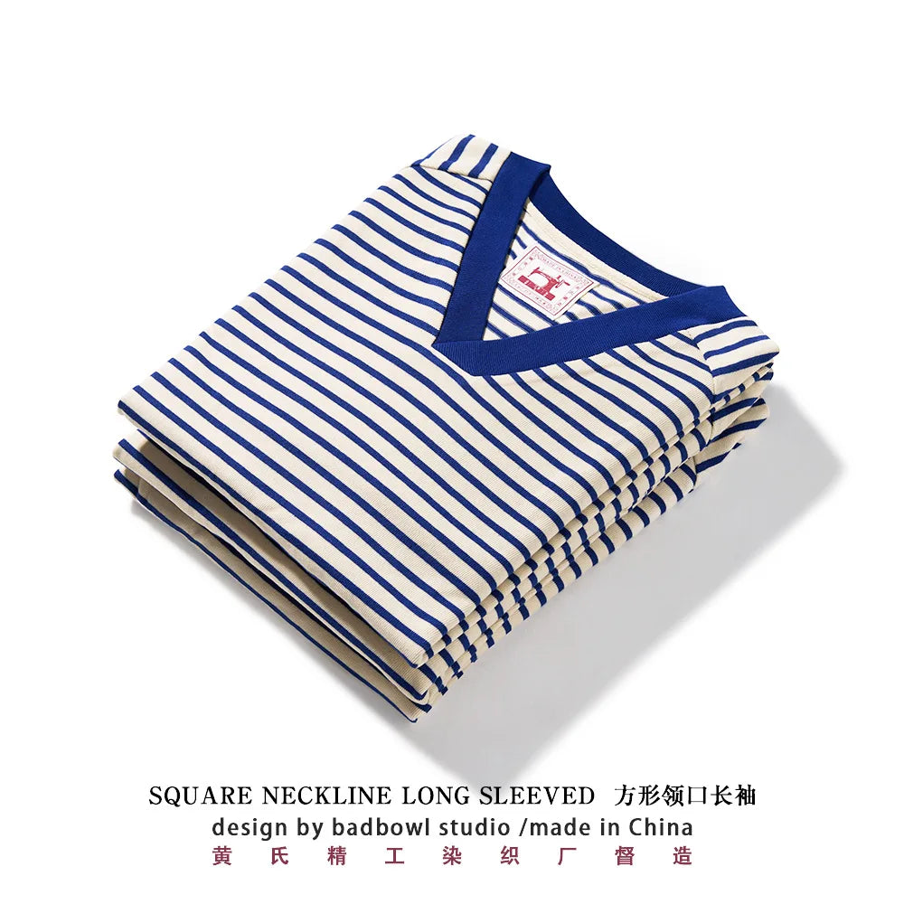 Original Square Neck Striped T-shirt From The Great Voyage Series, Heavyweight Pure Cotton Men's Retro Long Sleeved T-shirt