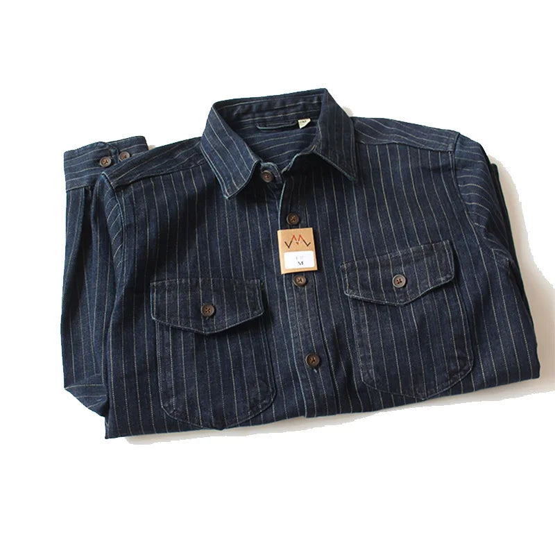 Retro Amekji Style Denim Striped Men's Long Sleeve Casual Shirt Spring Autumn Outerwear Fresh Artistic Niche Fashion