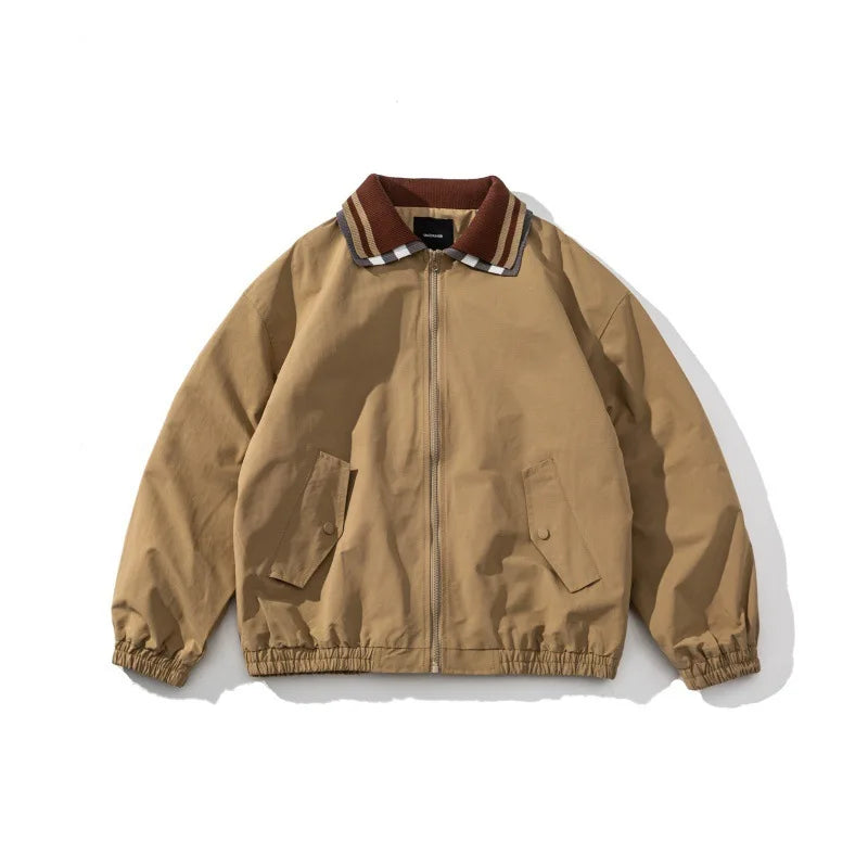 2025 Spring New Retro Streetwear Color Block Lapel Jacket Men's Loose Casual Fashion Design Sense Outerwear