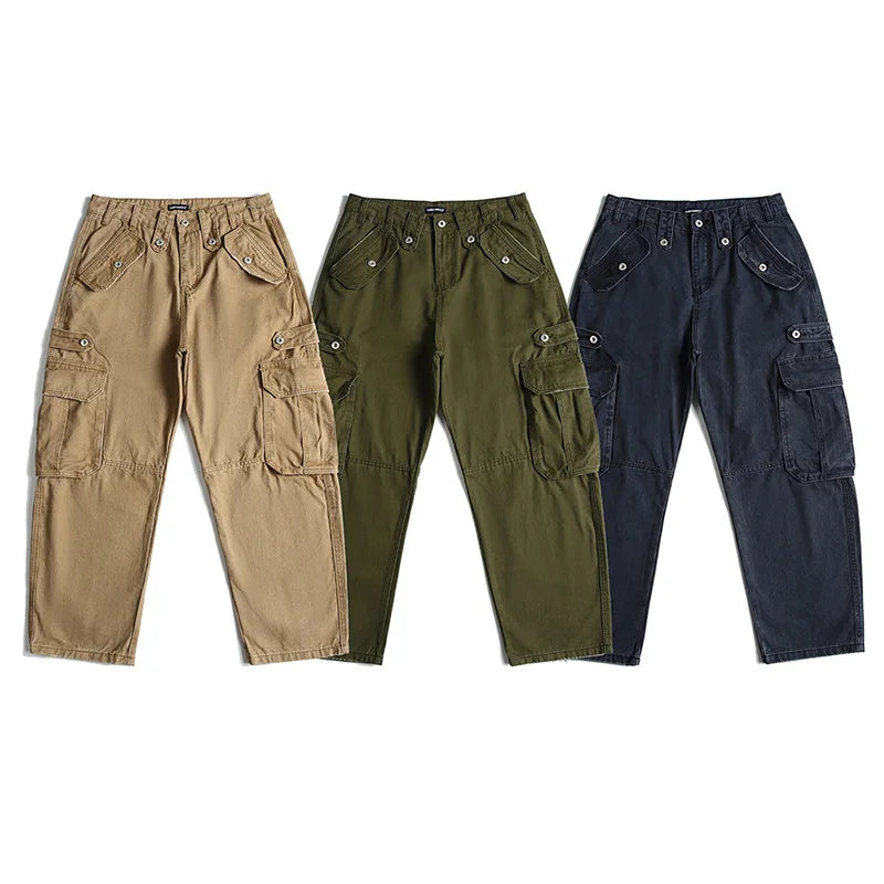 Japanese Retro Amekaji Multi-pocket Cargo Pants 100% Cotton Unisex Loose Straight Washed Distressed Frayed-edge Casual Pants