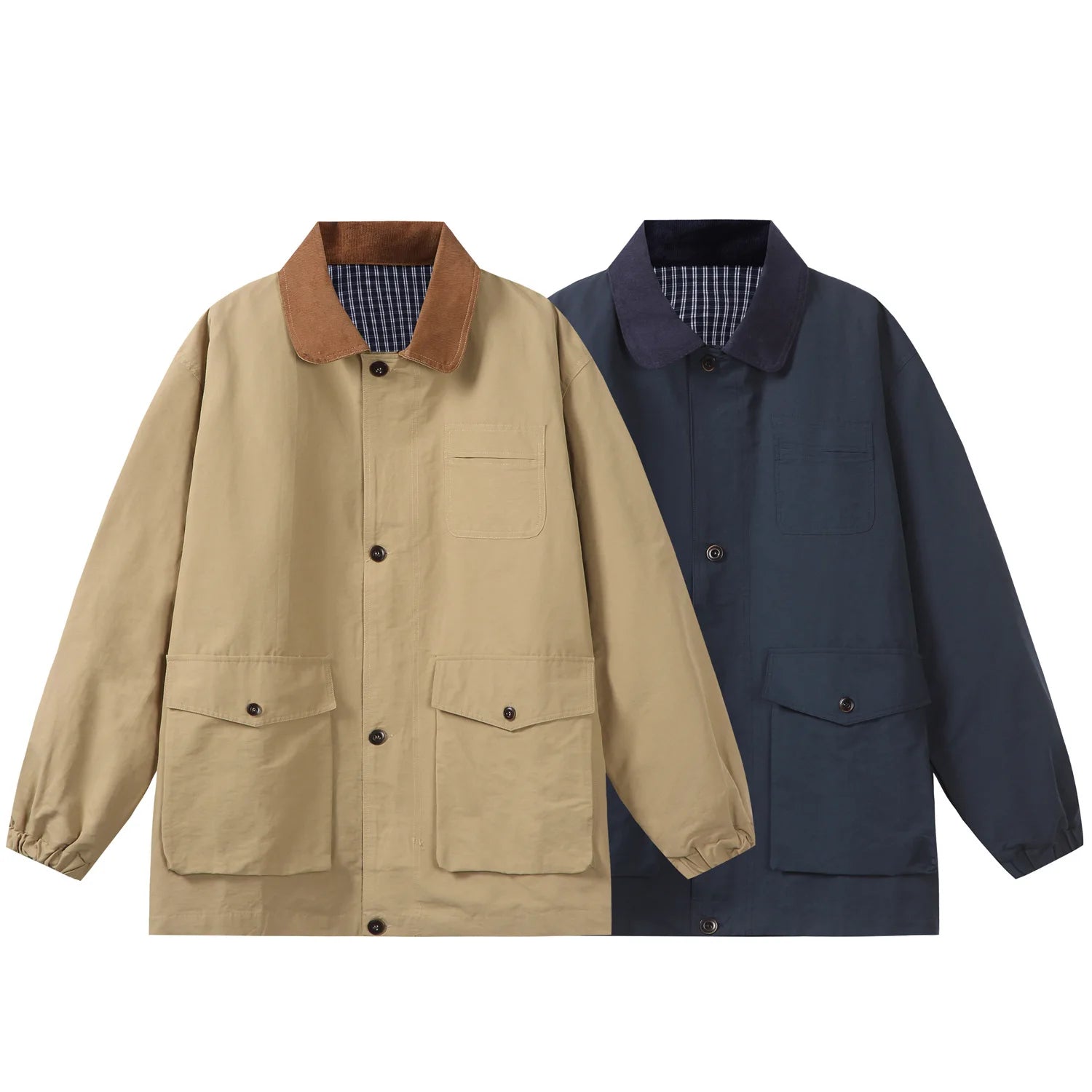 Akkad Kuti Loose Fit Retro Japanese Style Men's Jacket Mid-Length Oversized Contrast Color Collar Casual Workwear Windbreaker