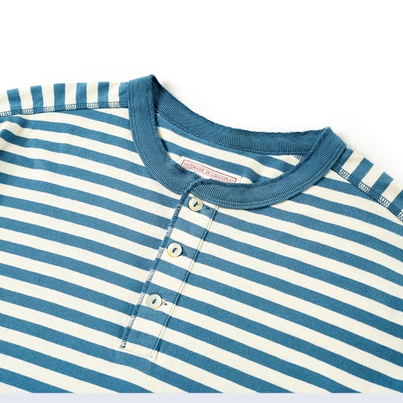 American retro striped long sleeved T-shirt for men, heavy-duty cotton washed T-shirt, oversized casual Henry collar base shirt