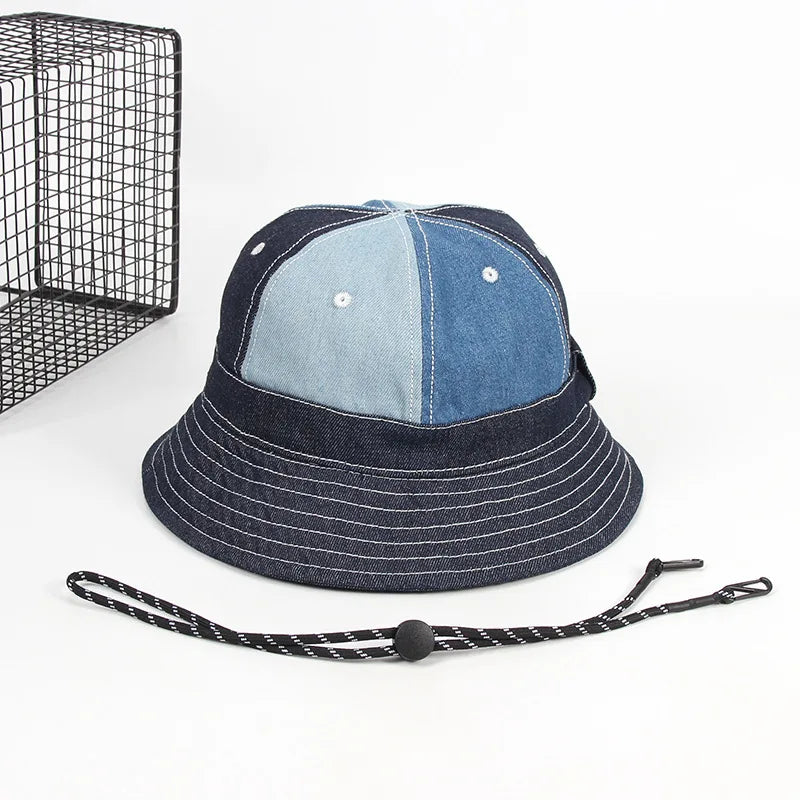 Akkad Kuti Vintage Denim Blue Bucket Hat Wide Brim Round Top Sun Hat for Breathable Unisex Fisherman Hat Casual Outdoor Cap