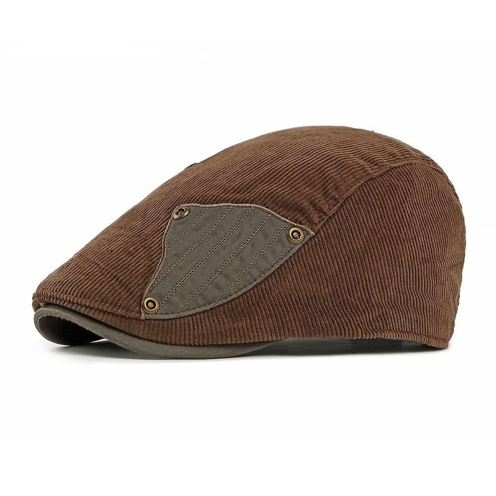 British Vintage Corduroy Patch Beret - Unisex Street Fashion Forward Cap for Fall Winter