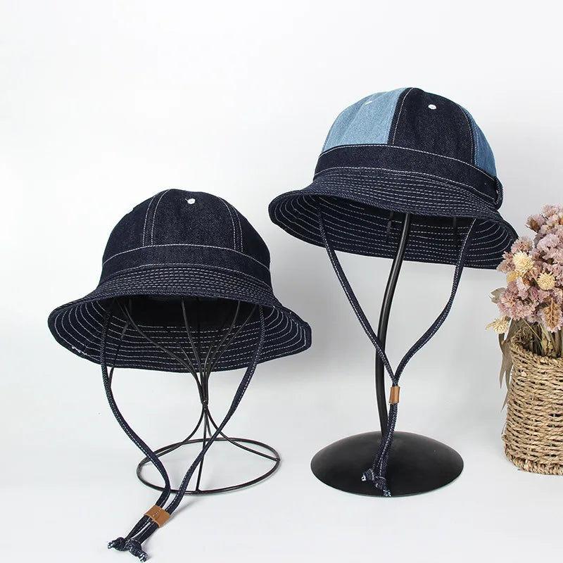 Akkad Kuti Vintage Denim Blue Bucket Hat Wide Brim Round Top Sun Hat for Breathable Unisex Fisherman Hat Casual Outdoor Cap