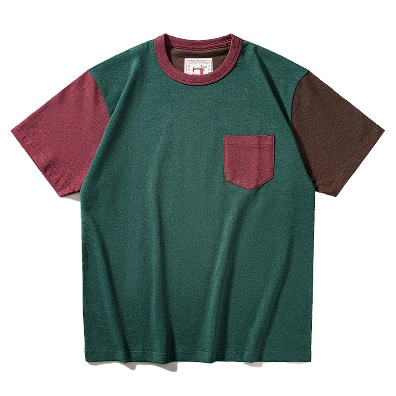 First release all cotton retro patchwork contrasting pocket T-shirt with college style fresh and white look for couples