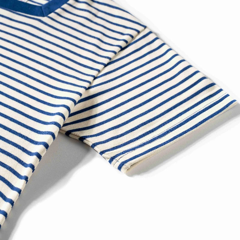 Original square collar striped T-shirt, heavyweight pure cotton men's T-shirt, washed retro sea soul shirt, short sleeved shirt