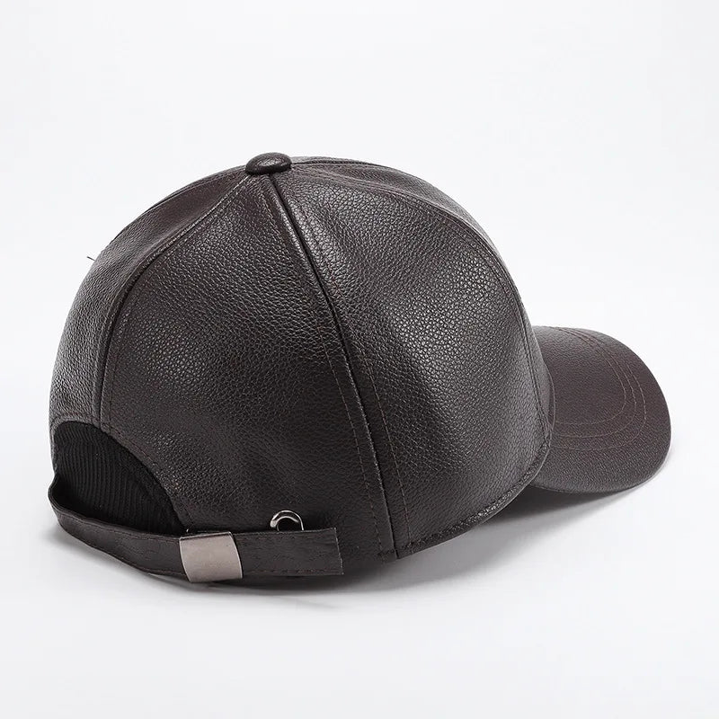 Classic Solid Color PU Baseball Cap - Men's Adjustable Windproof Warm Hat with Sweatband Breathable Design for Winter Travel