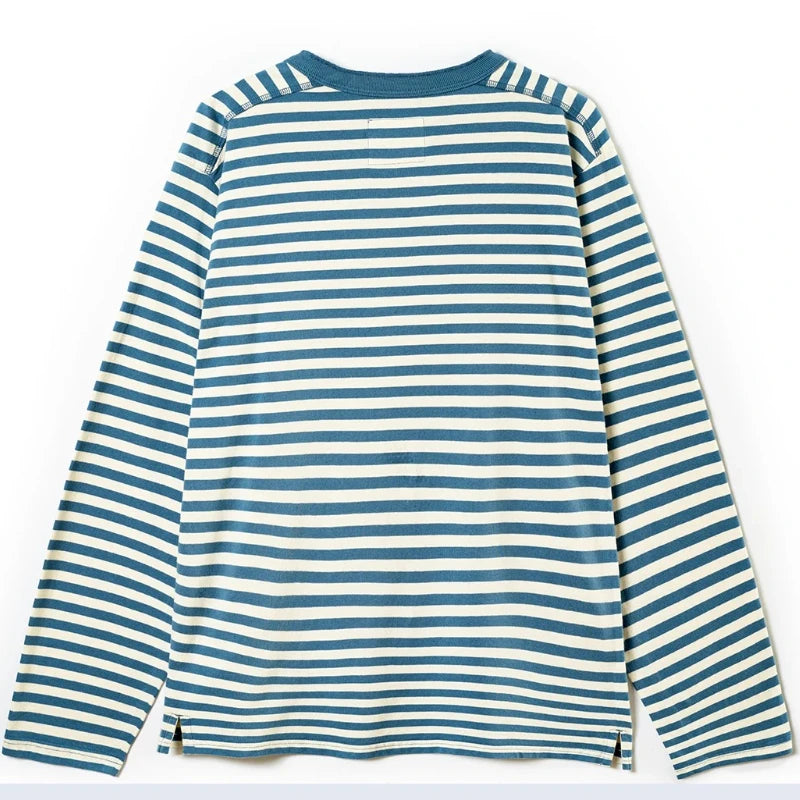 American retro striped long sleeved T-shirt for men, heavy-duty cotton washed T-shirt, oversized casual Henry collar base shirt