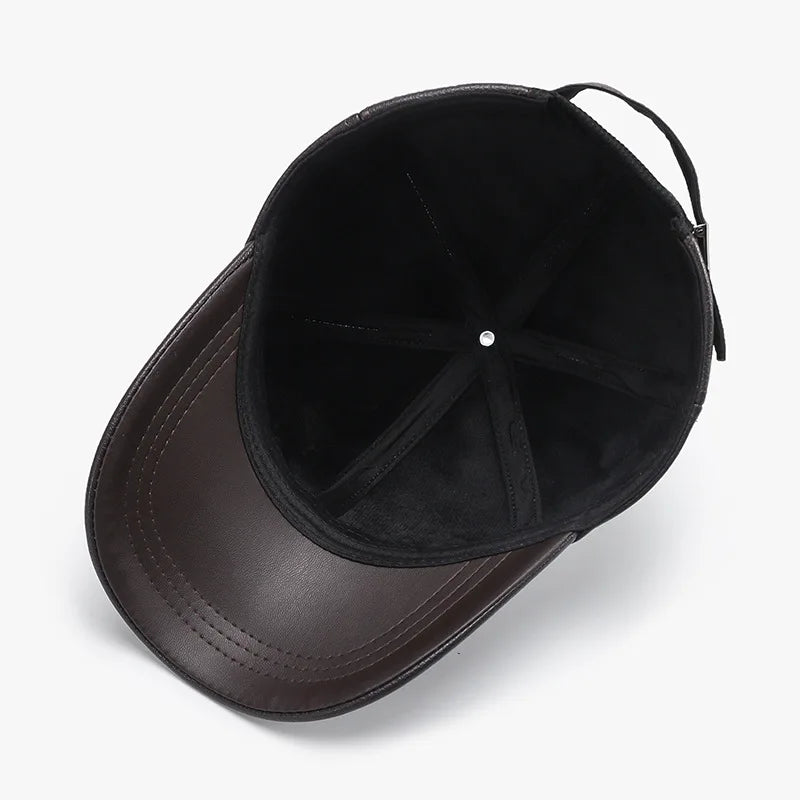 Classic Solid Color PU Baseball Cap - Men's Adjustable Windproof Warm Hat with Sweatband Breathable Design for Winter Travel