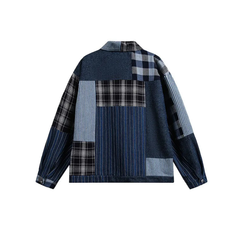 2026 Spring Japanese Retro Washed Plaid Patchwork Denim Jacket Men Akkad Kuti High - Quality Loose Casual Workwear Coat