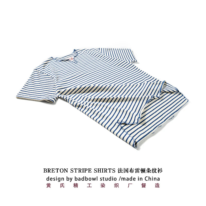 Summer men's pure cotton T-shirt, retro striped V-neck T-shirt from the United States, fashionable and versatile casual style