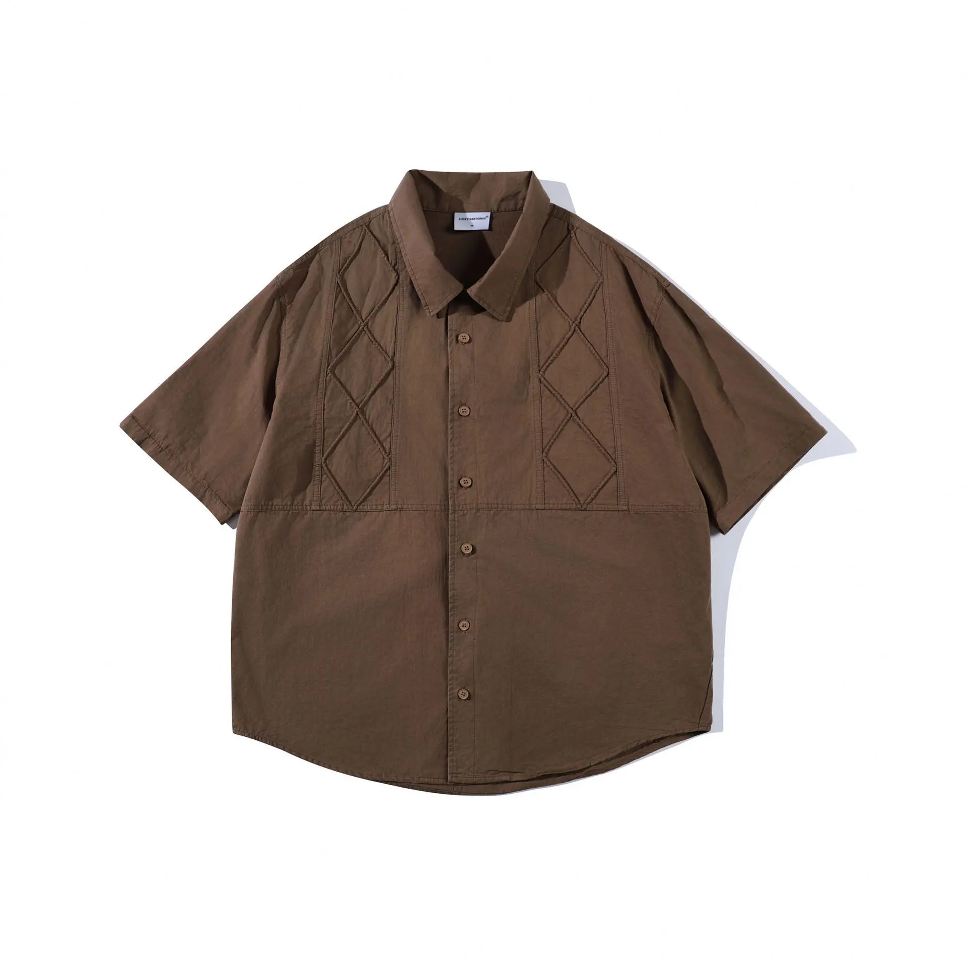 New Arrival Unisex Amekaji Shirt 100% Cotton Japanese Vintage Modern Chinese Style Argyle Paneled Loose Workwear Short-Sleeve