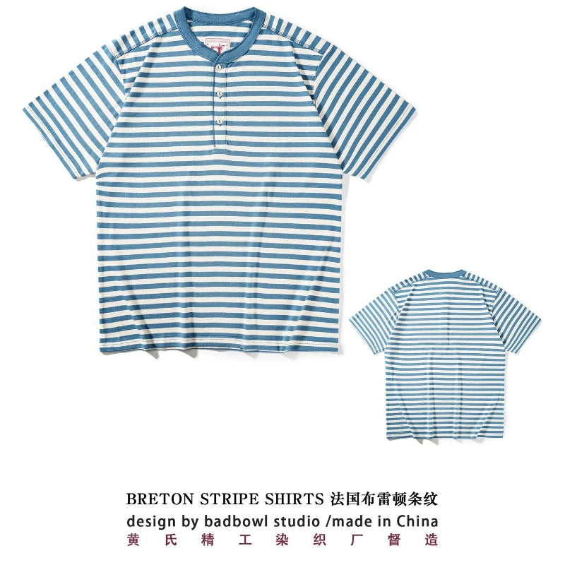 Classic American retro men's T-shirt fashionable Henry collar striped short sleeved T-shirt, all cotton washed T-shirt loose fit