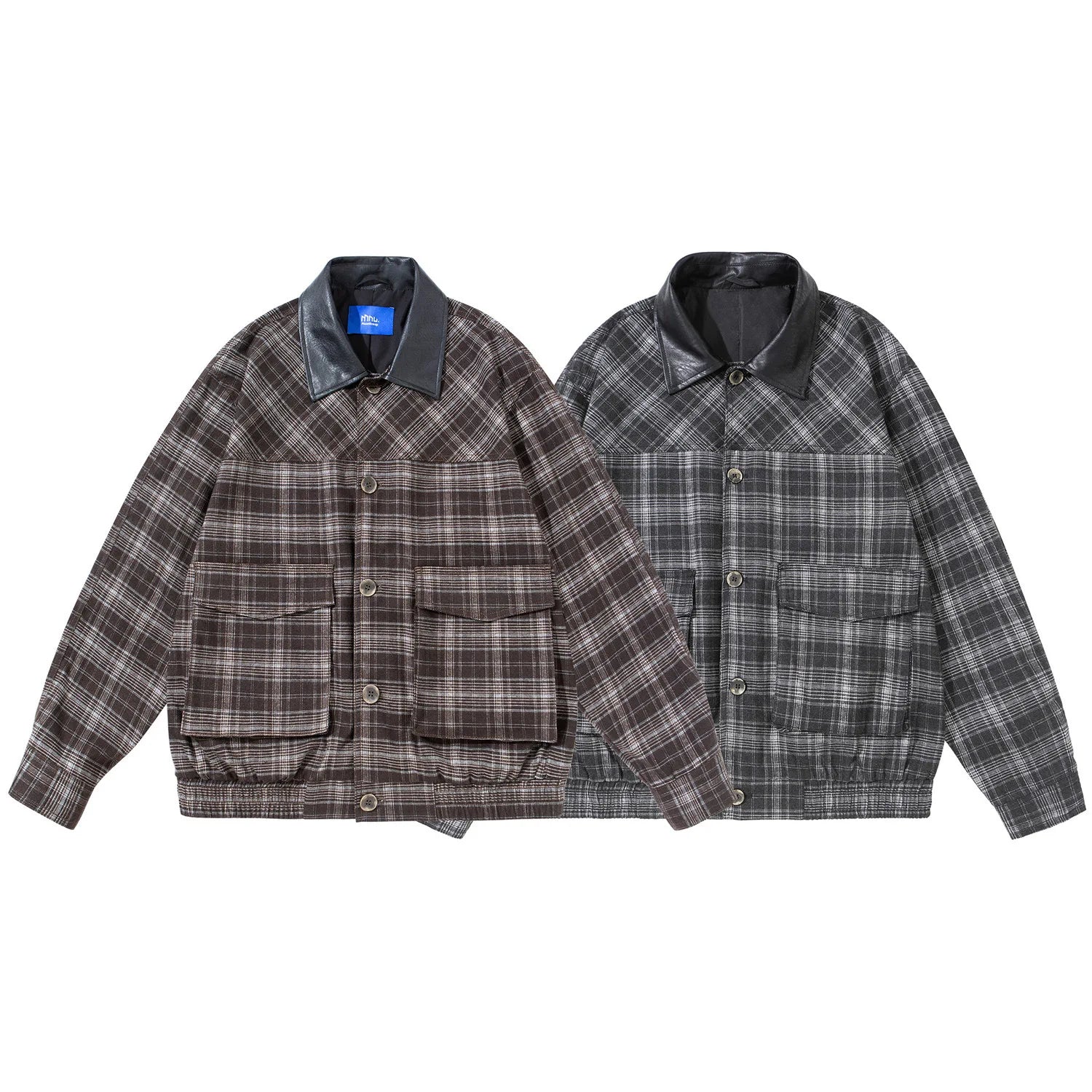 2026 New Splice Leather Collar Plaid Coat Men Women Streetwear Vintage Casual Loose Lapel Plaid Cargo Jacket Couple Bomber Coat