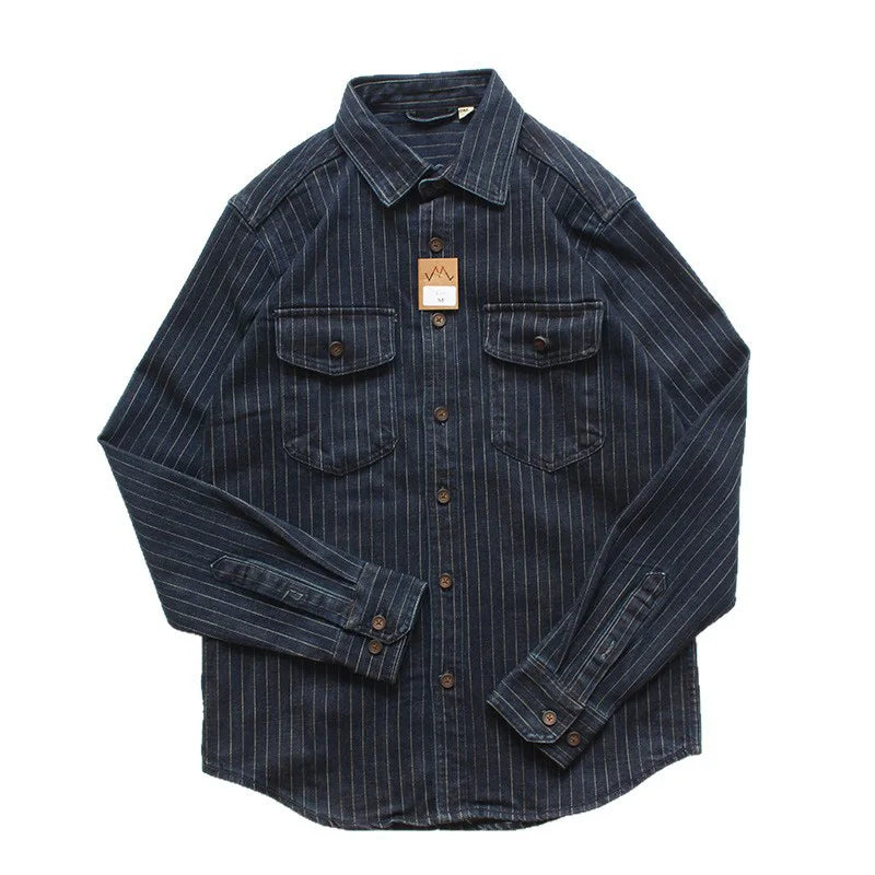 Retro Amekji Style Denim Striped Men's Long Sleeve Casual Shirt Spring Autumn Outerwear Fresh Artistic Niche Fashion