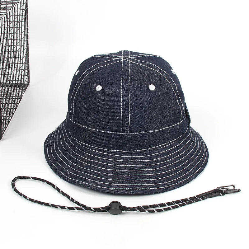 Akkad Kuti Vintage Denim Blue Bucket Hat Wide Brim Round Top Sun Hat for Breathable Unisex Fisherman Hat Casual Outdoor Cap