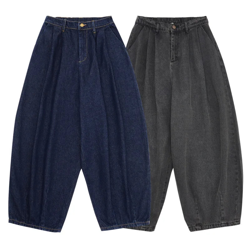 Japanese Retro Loose Distressed Washed Wide Leg Jeans for Both Men and Women, Casual Pants with Hanging Pleats and Lantern Cut