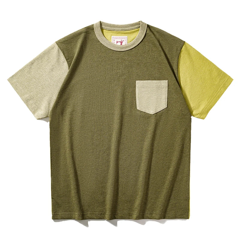 First release all cotton retro patchwork contrasting pocket T-shirt with college style fresh and white look for couples