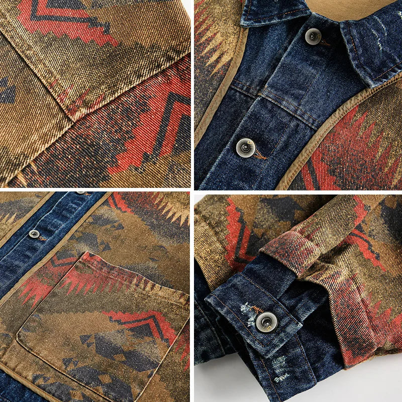 2025 Autumn New Men's Amekaji Jacket Japanese Retro American Street Denim Jacquard Paneled Vintage Washed Oversized Lapel Coat
