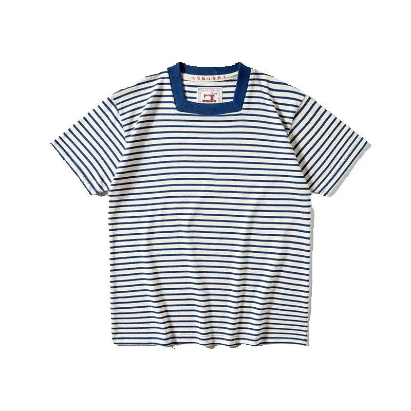 Original square collar striped T-shirt, heavyweight pure cotton men's T-shirt, washed retro sea soul shirt, short sleeved shirt
