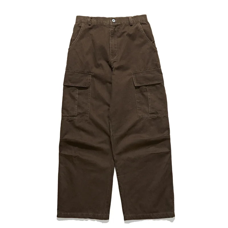 Japanese Retro Washed Distressed Multi Pocket Work Pants for Men and Women, Loose Straight Leg Pure Cotton Casual Pants