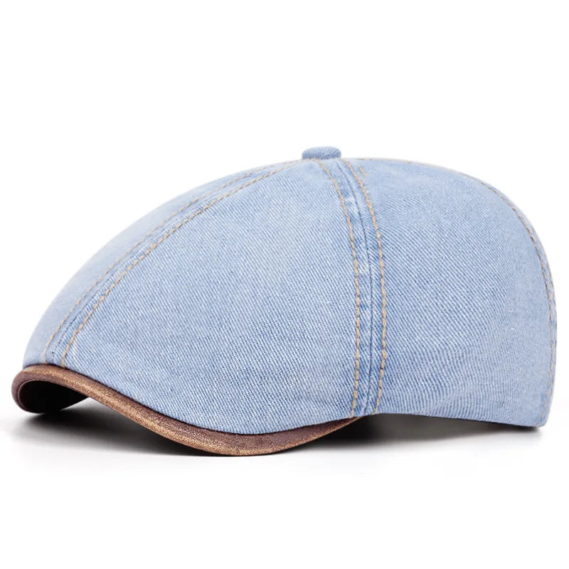 Akkad Kuti British Vintage Washed Denim Beret - Unisex Retro Painter Hat with Distressed Effect