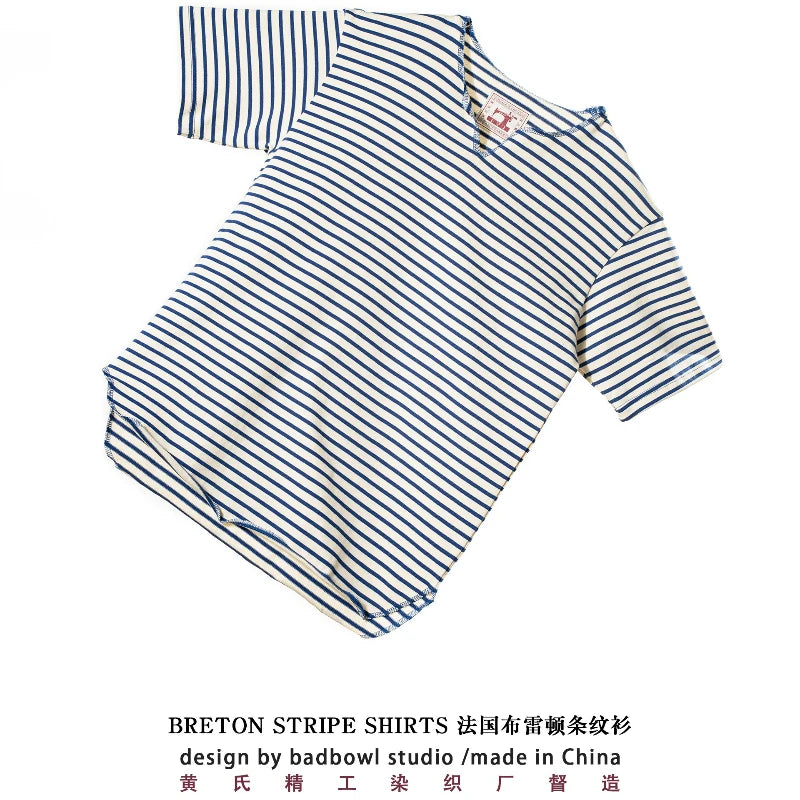 Summer men's pure cotton T-shirt, retro striped V-neck T-shirt from the United States, fashionable and versatile casual style