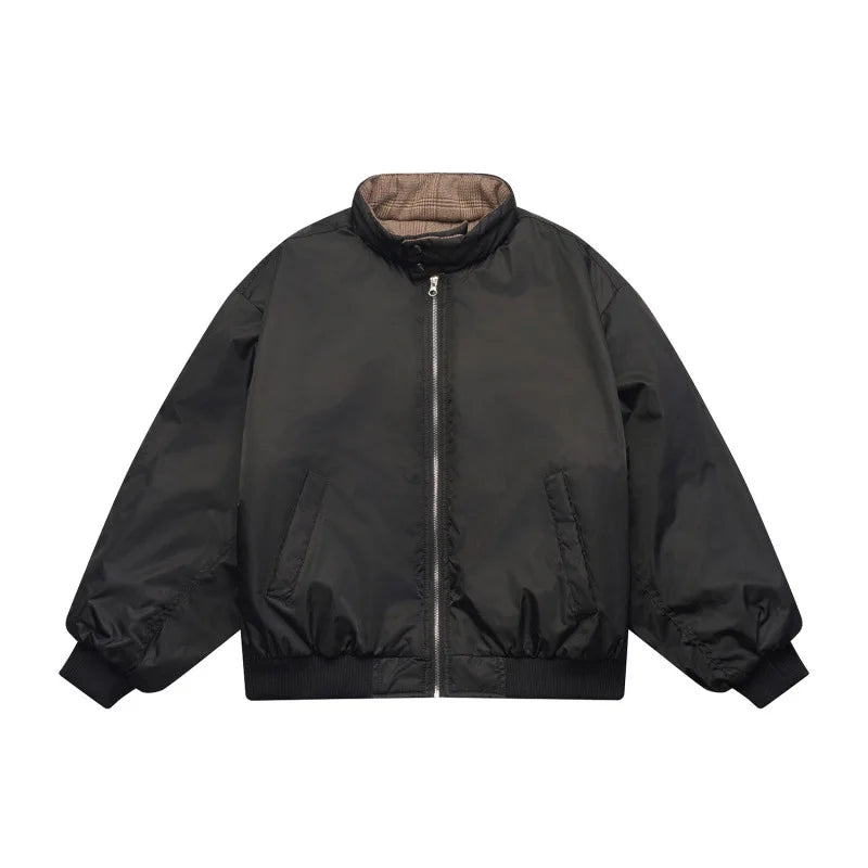 Akkad Kuti 2026 New Japanese Sle Retro Plaid Stand Collar Men Jacket Winter Warm Thiened Cotton Workwear Loose Fit Youth Casual