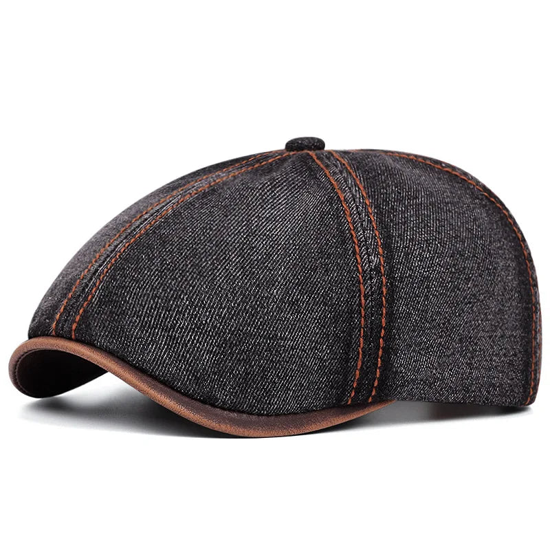 Akkad Kuti British Vintage Washed Denim Beret - Unisex Retro Painter Hat with Distressed Effect