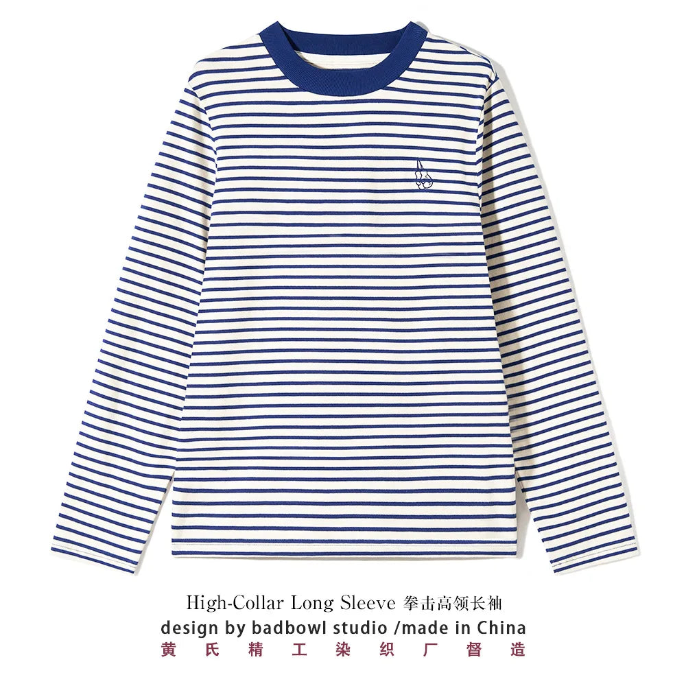 Small High Neck Long Sleeved Striped T-shirt for Men, Vintage Sea Spirit Shirt, Heavyweight All Cotton Boxing Embroidery T-shirt