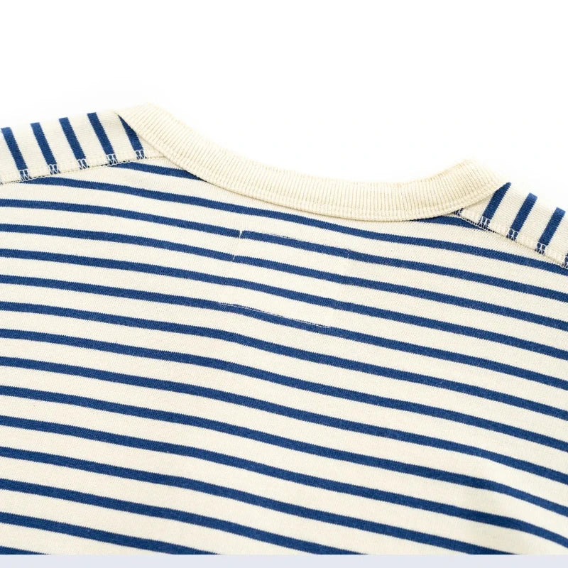 Classic American Retro Blue and White Sea Soul T-shirt Heavy duty All Cotton Striped Men Henry Collar Casual Long Sleeve T-shirt