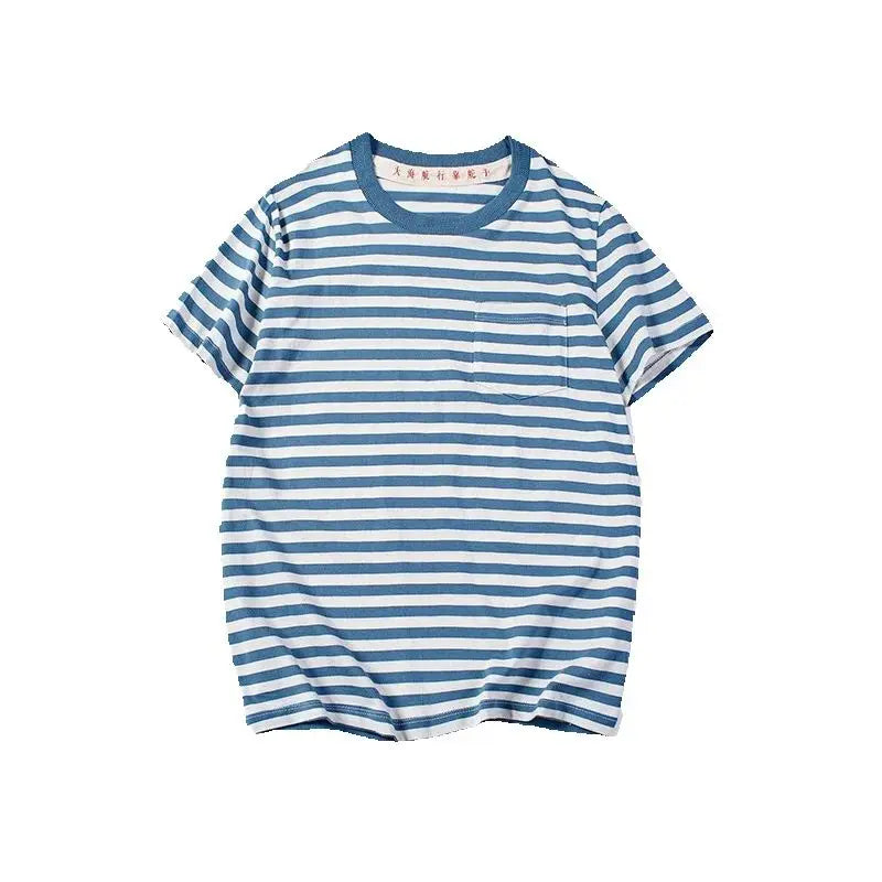 Japanese Retro Blue Striped T Shirt Mens Cotton Casual Tshirts Men Summer Streetwear Sailor Dress Unisex Oversized Breton Tops