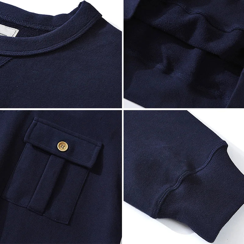 Men's Amekaji 490g Heavyweight French Terry Sweatshirt - Solid Color Crew Neck Pullover Kangaroo Pocket Thick Hoodie