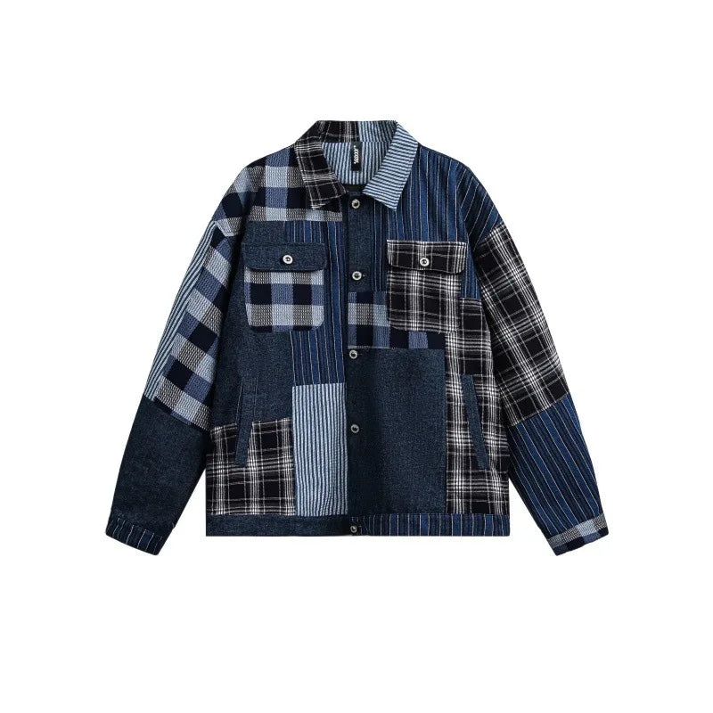2026 Spring Japanese Retro Washed Plaid Patchwork Denim Jacket Men Akkad Kuti High - Quality Loose Casual Workwear Coat