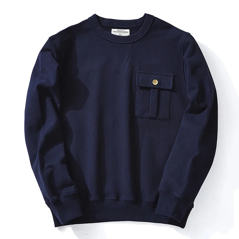 Men's Amekaji 490g Heavyweight French Terry Sweatshirt - Solid Color Crew Neck Pullover Kangaroo Pocket Thick Hoodie